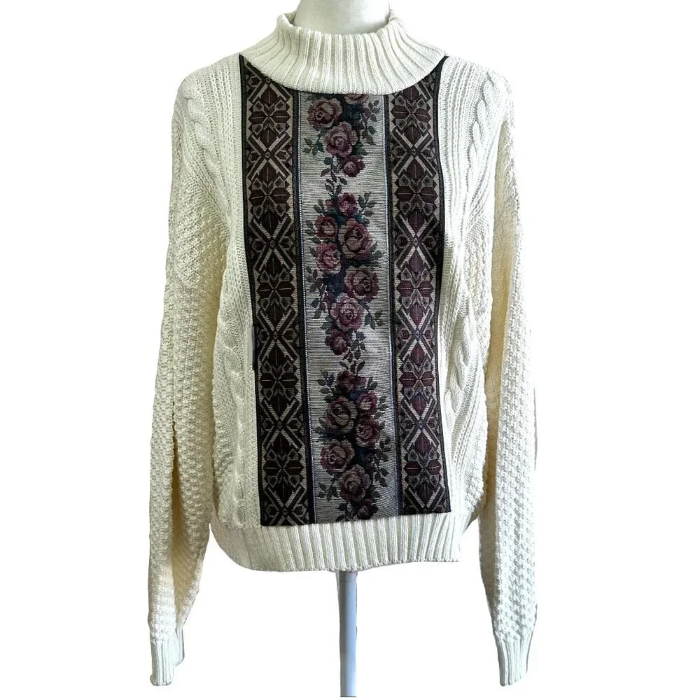 Nion de Lenclos Vtg 80s Cream Knit Turtle Two Toned Comfy Sweater